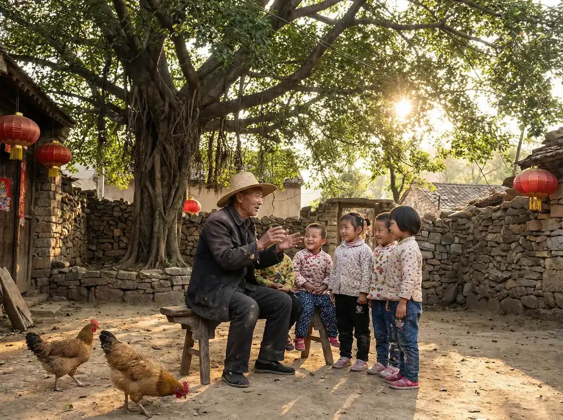 老人在大榕树下给孩子们讲故事 - 桃花剧场视频 乡村记忆